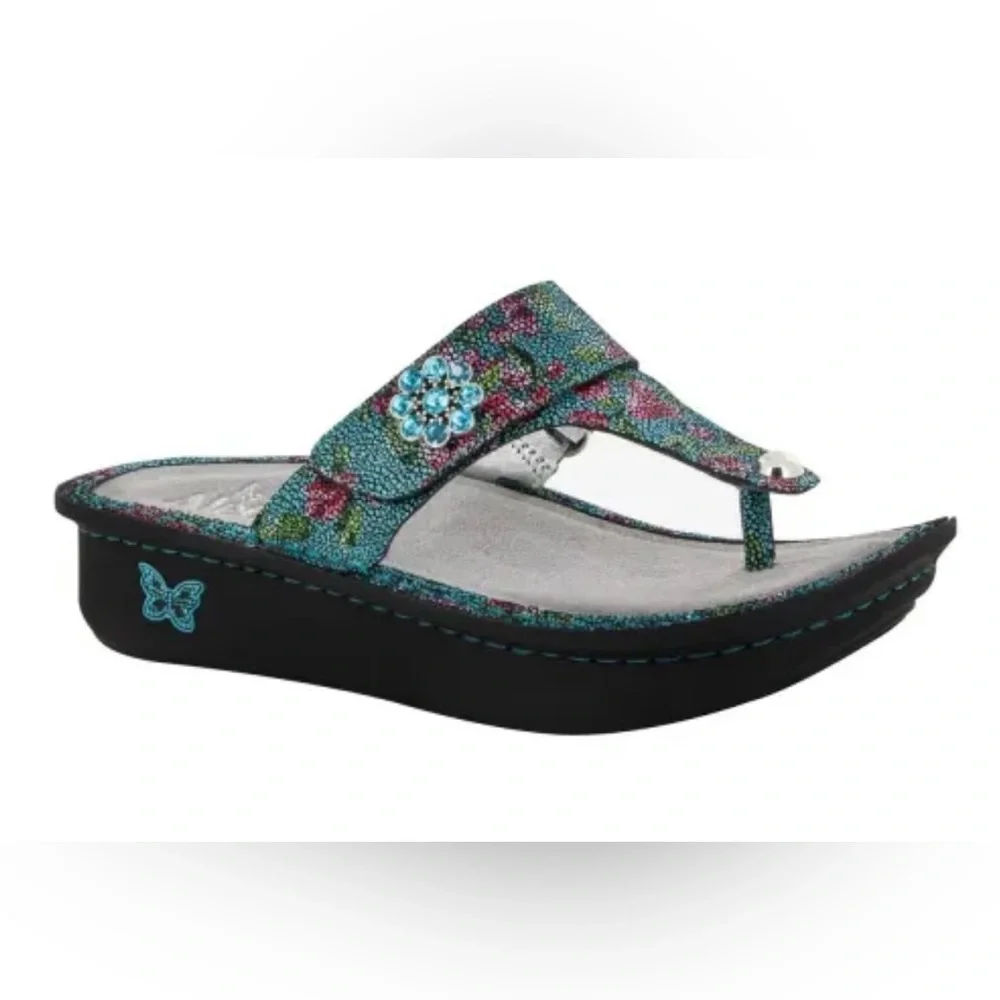 Alegria Carina‎ Aqua Floral Leather Wedge Sandals Women’s Size 39 EU 8.5 US